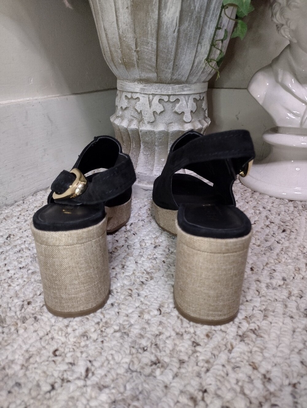 AEROSOLES Studio Zella Black Suede & Taupe Linen Platform Slingback Sandals - Picture 4 of 9